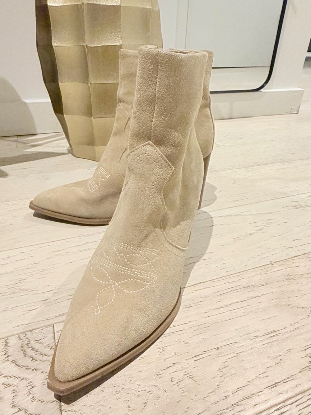 Steve Madden Cream Suede Pointed-Toe Ankle Boots